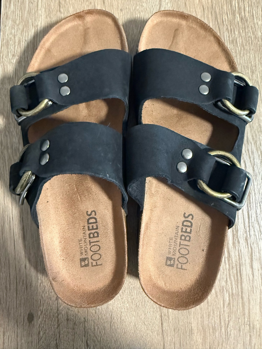 White Mountain Black Slide Sandals with Tan Footbeds
